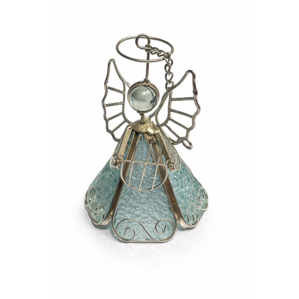Vintage Stained Glass Angel Tealight Holder Aqua Blue Metal Wire Harp Figurine D